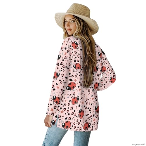 Image of Forchrinse Red Ladybug Cardigan for Women Causal Long Sleeve Open Front Cardigans Sweater Fashion 2024 Fall Coat with Pockets