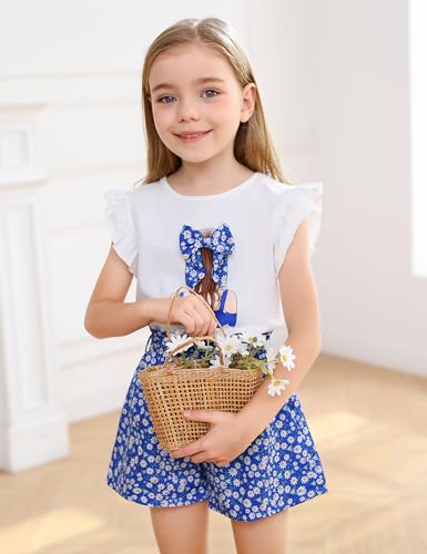Image of Toddler Girl Clothes 2 Piece Girls Outfits Set Print Bow Top and Belted Ditsy Floral Shorts for Spring Summer