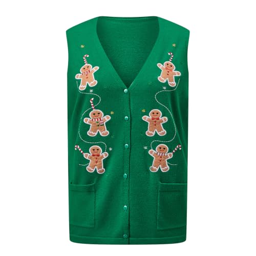 Image of KMBANGI Women Christmas Button Sweater Vest Embroidery Sleeveless Cardigan