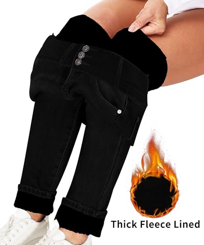 Fleece Lined Jeans Women Thermal Flannel Lined Jeans 3 Buttons Winter Warm Skinny Stretch Denim Pants2