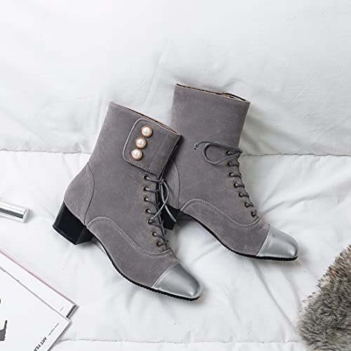 VOKLIN Women's Square Toe Lace Up Dressy Ankle Boots Block Low Heel Velvet Lined Western Dress Short Booties3