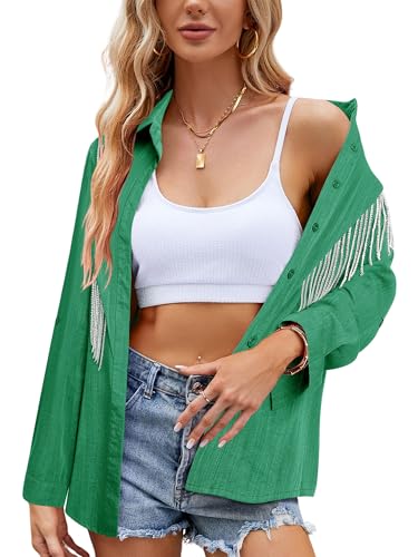 Image of MYMORE Womens Sparkly Fringe Shirt Western Cowgirl Country Concert Outfit