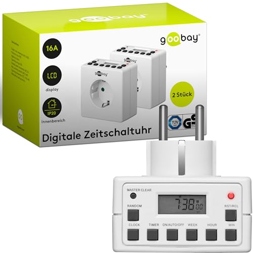 Goobay 55541 Digitale Zeitschaltuhr Innen – Geräuschlos - Programmierbar - Dauerbetrieb möglich – 10 Schaltprogramme - Back Up Akku f. 4 Tage – Unauffälliges Design - 2er Set