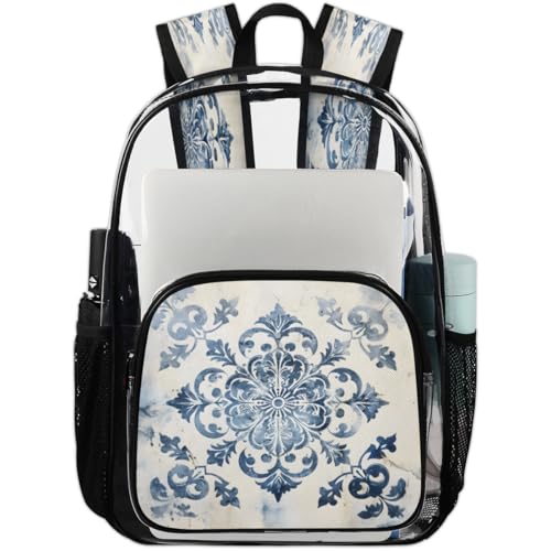 Ethnic Mandala Clear Backpack for Stadium Events, Botanical Flowers Waterproof Clear Bag for Women Men Adult Sport Work Daily Music Festival and Concerts