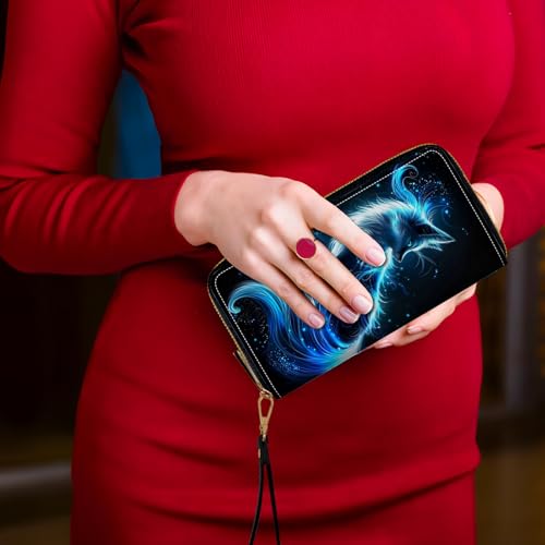 Women's Card Holder Wristlet Wallet, Convenient Travel Long Wallet with Strap and Pink Compact Mirror, Fashion and Sturdy Wristlet Long Purse for Women, Blue Light Fox2