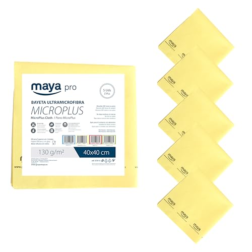 Maya Bayeta MICROPLUS. Especial para Vajillas y Cristales. No Deja Marcas. Muy Absorbente y de Secado Rápido. 100% Microfibra. Pack de 5 Unidades (Amarillo)