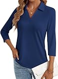 LYHIPSS Blouses for Women Dressy Casual 3/4 Sleeve Tops Ladies Polo Shirts V Neck Petite Tunic Tops Summer 2025 Navy Blue XL