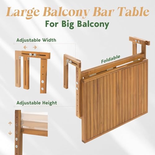 Acacia Wood Folding Balcony Deck Table for Railings Adjustable Height & Width Teak Brush Finish Durable Against Weather Outdoor Furniture