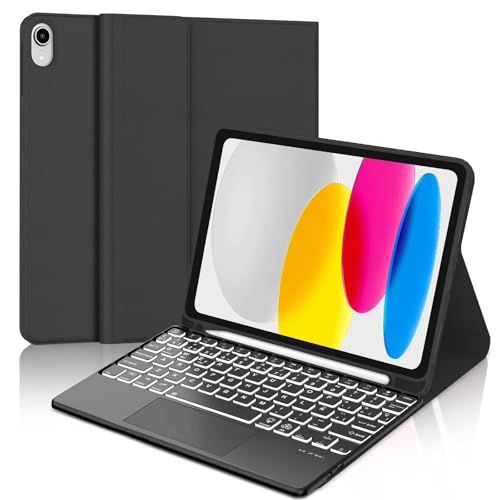 Toetsenbord hoes voor iPad A16 11/10 generatie 2025/2022 (11/10,9 inch), hoes met toetsenbord voor iPad 11/10 generatie, 7 kleuren verlichting, Bluetooth magnetische QWERTZ lay-out, zwart trackpad