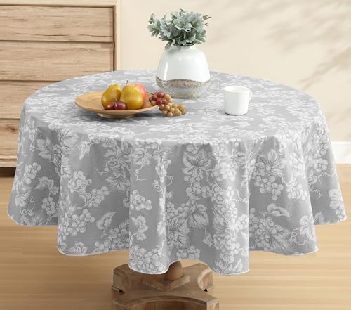 Lintex Home Bargains Plus 70 Inch Round Vinyl Tablecloth with Flannel Backing, Traditional Grapevine Print, Waterproof Indoor Outdoor Dining Room, Party and Banquet Table Cover, Grey by Lintex - Used condition - US$12.51