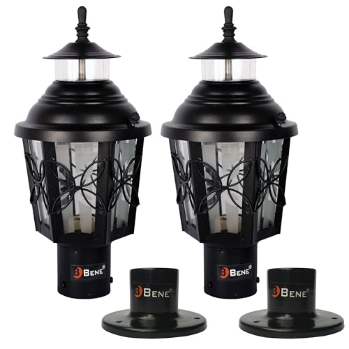 Image of BENE Lily Garden Lamp, Antique Wall Lights for Outdoor Vintage Decor, Decorative Lamp for Patio, Entryway, Steel and Glass Terrace Light with B22 Holder & Base Stand, 15cm Dia, Black, Pack of 2