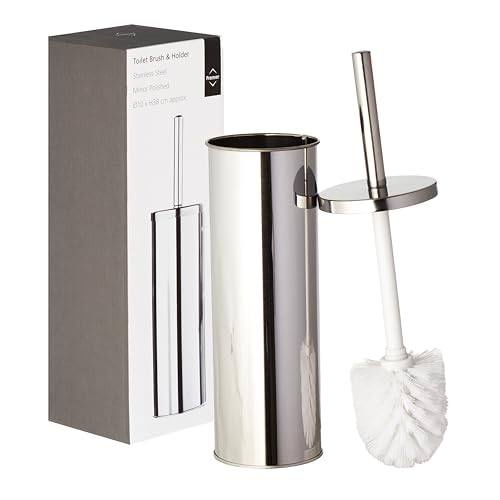 Premier Housewares Toilet Brush & Holder | Chrome Metal Toilet Set | Attached Lid Cleaner | Free Standing Loo Reflective with White Bristles