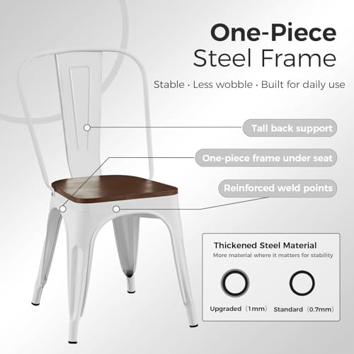 Image of Metal Dining Chairs with Backrest, Wood Seat, White, 8 Pack | Easy Assembly, Non-Slip Feet, 330 lb Capacity, Kitchen, Restaurant, Cafe, Pub, Covered Patio