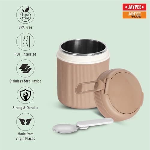 Image of JAYPEE SoloMeal PUF Insulated Inner Stainless Steel Food Jar with Foldable Spoon|Hot /Cold Meal Jar for Kids|Office Women |Men|Food Storage Traveling Box Light Weight |Scratch Resistant|500 ml, Brown