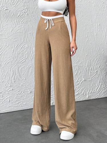 Casual Color Block Drawstring Wide Leg Pants for Women4