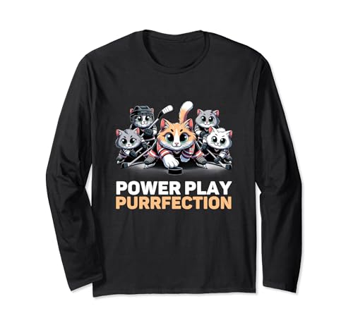Funny Power Purrfection Cute Ice Hockey Playing Cat Long Sleeve T-Shirt