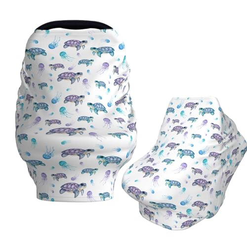 Image of Muishi Watercolor Turtles Jellyfish Baby Car Seat Covers Carseat Canopy Soft Infant Stroller Cover Nursing Breastfeeding Covers for Girls Boys Newborn