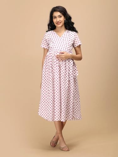 Image of The Mom Store Maternity and Nursing Dress | Pre and Post Pregnancy Dress for Womens | Zipper /Button Opening | Causal Wear | Trendy Stylish Causal Dresses for New Moms