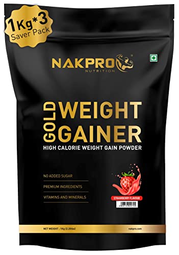 Image of NAKPRO GOLD WEIGHT GAINER | High Carbs & High Calorie | 12g Protein, 80g Carbs | Added Vitamins, Minerals & Digestive Enzymes | Easy Mixing, Easy Digesting Weight Gainer Powder for Men & Women | 3 Kgs (1 Kg*3 Nos) Strawberry Flavour (30 Servings)