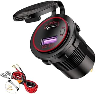 Thlevel USB C Car Charger Socket Dual USB Outlet PD & QC 3.0 Fast Car Charger Socket Power Waterproof with Switch for 12V/24V Marine Boat Motorcycle Truck RV (Red)