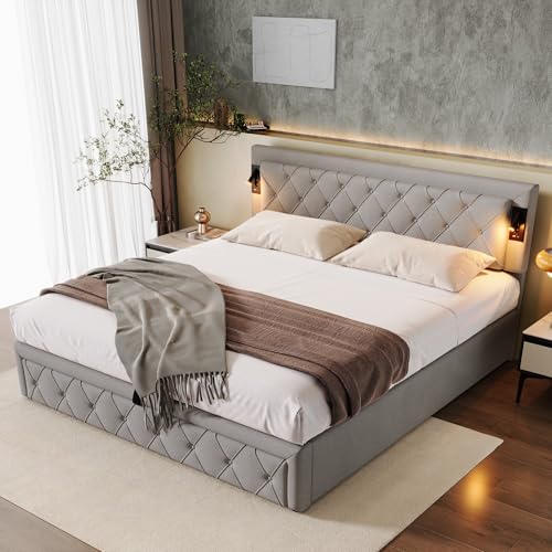 Generisch Cama tapizada de 180 x 200 cm con downlight e interfaz USB, con somier y cabecero de rayas de rombos, cama de almacenamiento, cama tapizada hidráulica, cama doble, somier de láminas de