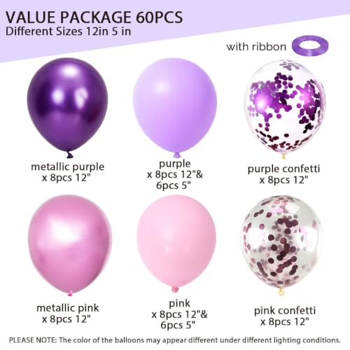 Image of Pink and Purple Balloons Different Size 12, 5inch for Balloon Arch Garland- 60Pcs Metallic Purple Pink Latex Balloon Confetti Ballon with Ribbon for Kpop Birthday Party Girls,Demon Hunter Decorations