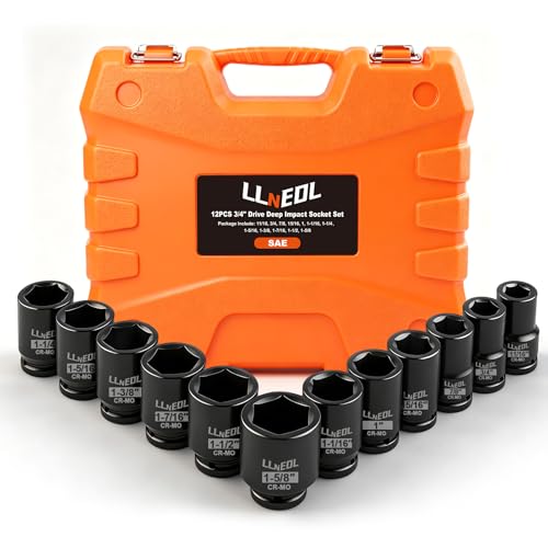 LLNEDL 3/4 Inch Drive Socket Set 12Pcs Impact Deep/Jumbo Sockets Standard SAE 11/16 to 1-5/8 6-Point CR-MO Heavy-Duty Big Socket Set for Large Vehicle & Equipment Maintenance