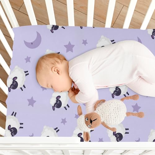Image of Sheep Moon Stars Purple Fitted Crib Sheet for Boys Girls Baby Bed Sheet for Baby Gift,52 X 28 in