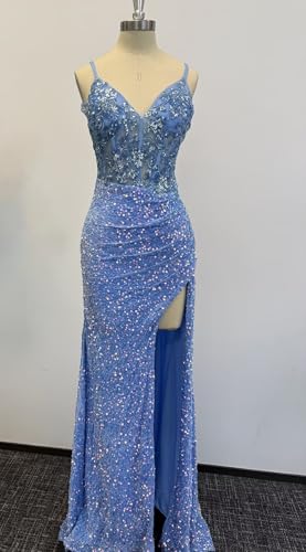 Sparkly Sequin Mermaid Prom Dresses 2025 V Neck Glitter Applique Evening Gown for Women Formal with Slit WO0694