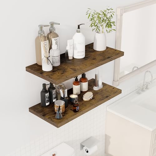 Image of Dreamland 30 inch Floating Shelves for Wall, 12 inch Deep Slim Rustic Brown Floating Shelves, Wall-Mounted Shelves for Bedroom, Living Room, Kitchen, Bathroom - Set of 2