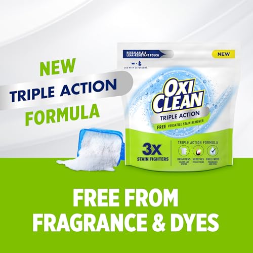 Image of OxiClean Triple Action Free Versatile Stain Remover Powder, 4 lbs | Use with Detergent, No Fragrance, No Dyes, No Chlorine, Removes Stains, Brightens Colors and Whites