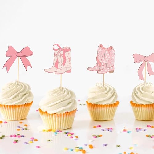 Image of Cowgirl Boots Pink Bow Cupcake Topper,Cowgirl Theme Birthday Decorations | Cowgirl Birthday Party Decor,Boy Or Girl Gender Reveal Cake Topper