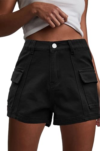 Short cargo Y2K en jean taille haute femme avec poches et ceinture élastique