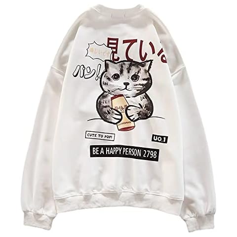 Sweatshirt Crewneck Womens Pullover Tunic Tops Cotton Y2k Clothes Gothic Cat Print Long Sleeve Shirts (640-White,2XL) Cover