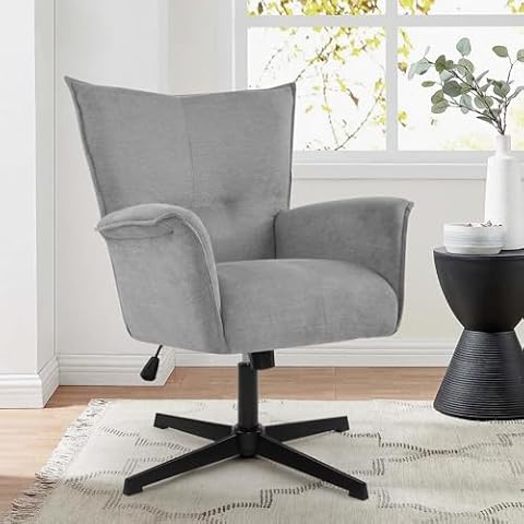 DAGONHIL Home Office Chair Desk Chair No Wheels Armchair Linen Fabric Swivel Chair High-Back Wide Seat Upholstered Accent Chair with Metal Legs Computer Chair, Grey Cover