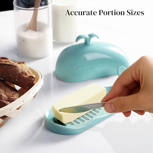 DOWAN Whale Butter Dish, Cute Butter Dish, Funny Gifts for Mom Wife Friends, Fish Bone Cutting Measuring Lines and Tail Non-slip Design, Ideal Decor Gift for Birthday Wedding Housewarming, Turquoise