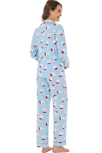 Image of LUBOT Christmas Pajamas for Women 100% Cotton Pajama 2 Piece PJ Set Soft Long Sleeve Button Xmas Print Loungewear XS-XXL