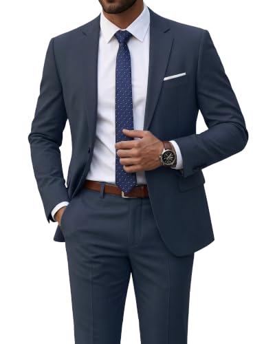 YND Men's 2 Piece Suit with Tie, Slim Fit Solid Color Jacket and Pants Set