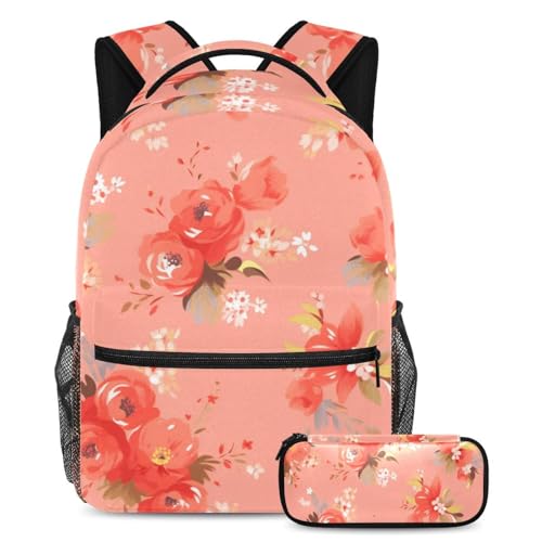 Ensemble scolaire tendance avec grand sac à dos 40cm et trousse assortie fleurs rouges