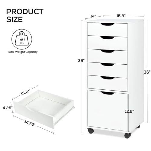 Image of TUSY Mobile File Cabinet, 5-Drawer Storage Cabinet, Vertical Rolling Storage Organizer Chest with Wheels & Anti-Tip Kit, for Home Office, Craft Room, Bedroom, White