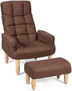 Giantex Folding Lazy Sofa Chair w/Ottoman, Thick Padded Linen Lounge Armchair Set, Adjustable
