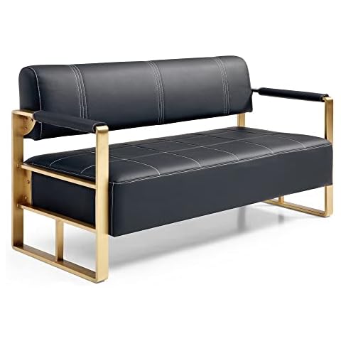 Mbolyeer Modern Faux Leather Loveseat Sofa 60" Mid Century 2 Seater Couch - Upholstered Love Seat Sofas with Gold Metal Legs - Small Spaces Bedroom Apartment Office Living Room (Black) Cover