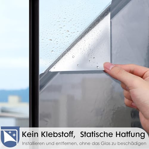 rabbitgoo Zonwerende Folie Anti-UV, Warmte-Reflectie, Privacy Raamfolie Spiegel Zonder Lijm, Statisch Klevend, Herbruikbaar, Spiegelraamfolie voor Huis Kantoor Winkel, 60x200cm Zilver