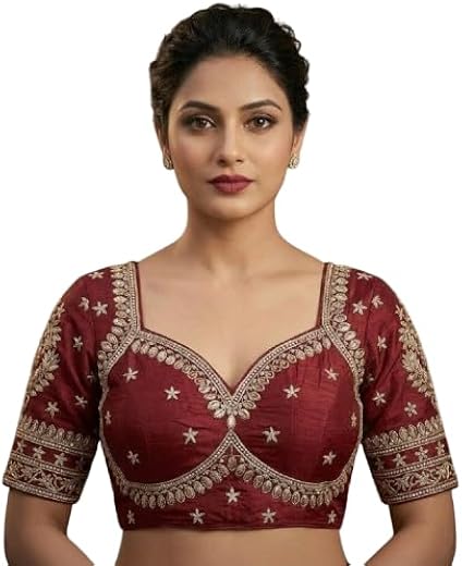 Women’s Embroidered Bridal Saree Blouse – Designer Readymade Padded Wedding Blouse with Short Sleeves and Back Tie-Up for ...
