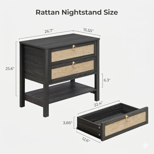 Image of SICOTAS Night Stands Set of 2 for Bedroom, Large Bedside Tables with Drawer & Open Shelf, Wide Boho Rattan Nightstand Set Narrow Side Table for Master Bedroom