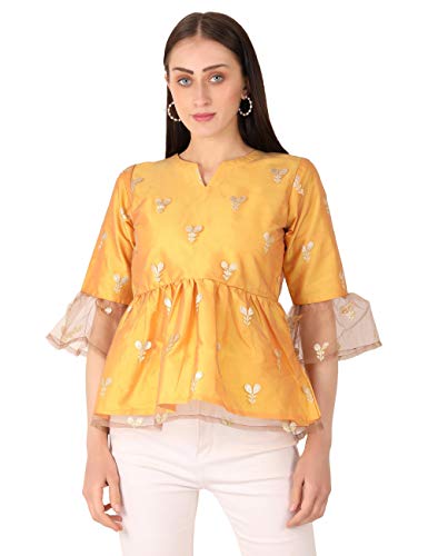 Image of UNFAKENOW Women Trendy Indo Western Casual wear Stylish Going Out Peplum Cotton top Ladies Floral Print Ruffled Plus Size Party net Tunic Long Bell Sleeve Pleated Fancy Nice top