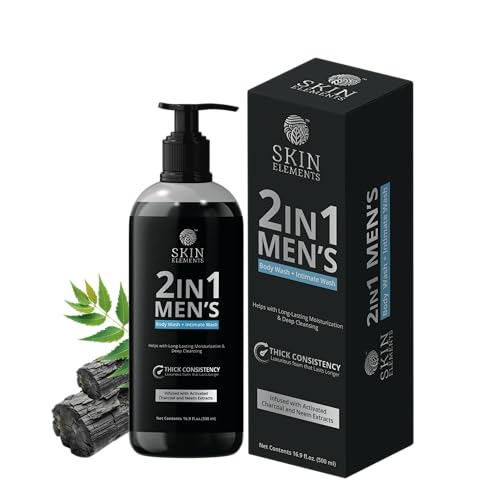 Skin Elements 2-in-1 Body Wash & Intimate Wash for Men| Deep Cleansing Shower Gel| Infused with Activated Charcoal & Neem Extracts| Thicker Consistency | Controls Odor| All Skin Types | 16.9 fl oz