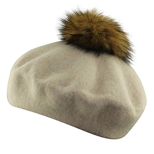 MINAKOLIFE Womens French Artist Wool Beret Fur Pompom Hats (Beige)