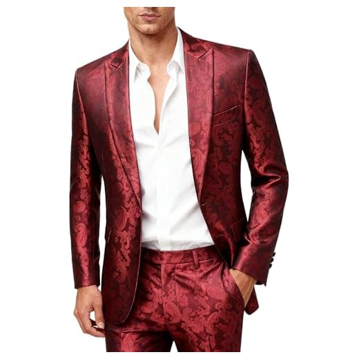 Mens 2 Piece Paisley Dress Suit One Button Party Wedding Blazer Pants Sets,Burgundy,Medium