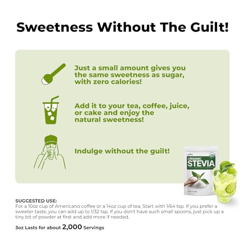 Viccoky Organic Stevia Powder 3 Oz (86 G), Pure Stevia Extract Powder, Sugar Free & 0 Calories, No Additives, Sugar Substitute, Natural Sweetener